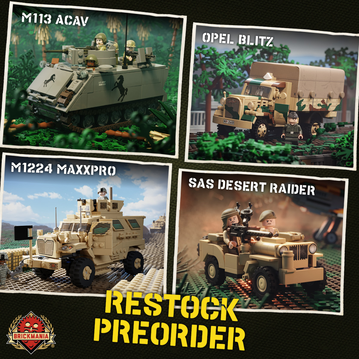 Restocking now: M113 ACAV, SAS Desert Raider 1/4 ton 4x4, Opel Blitz, M1224 MaxxPro, plus drops and more! Restocking now: M113 ACAV, SAS Desert Raider 1/4 ton 4x4, Opel Blitz, M1224 MaxxPro, plus drops and more!
