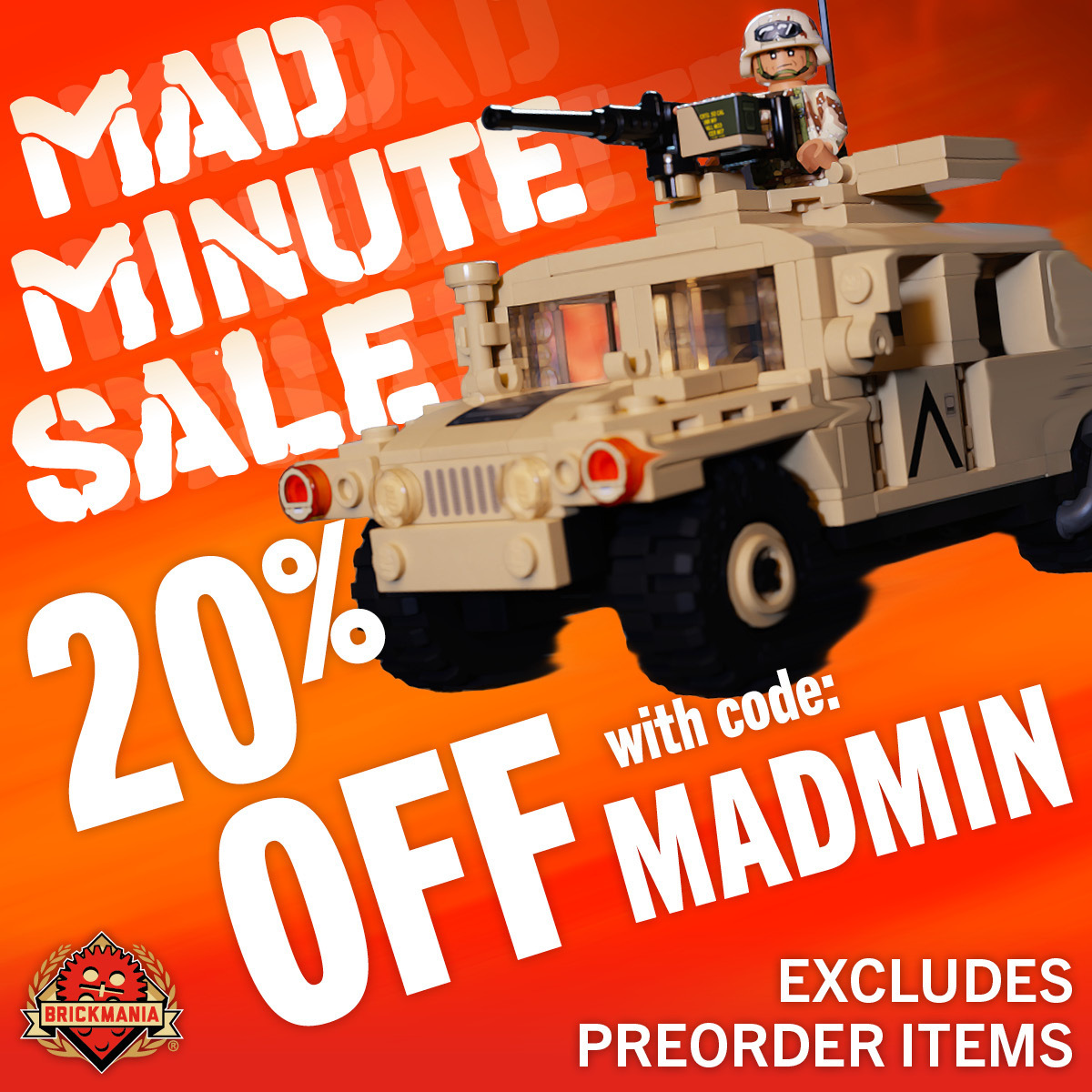 MAD MINUTE Sale this week at Brickmania®! Save 20% OFF your next purchase with coupon code MADMIN through Sunday, September 20th. Excludes preorders. MAD MINUTE Sale this week at Brickmania®! Save 20% OFF your next purchase with coupon code MADMIN through Sunday, September 20th. Excludes preorders.